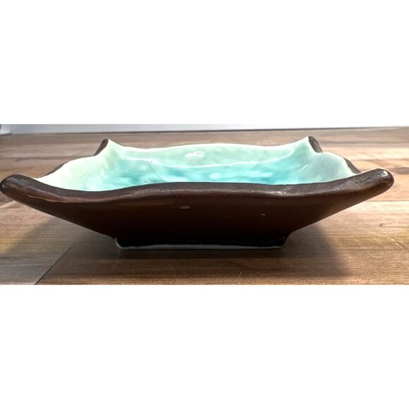 Handmade Ceramic Square Decorative Dish Brown & Aqua Crackle Glaze - Picture 3 of 3